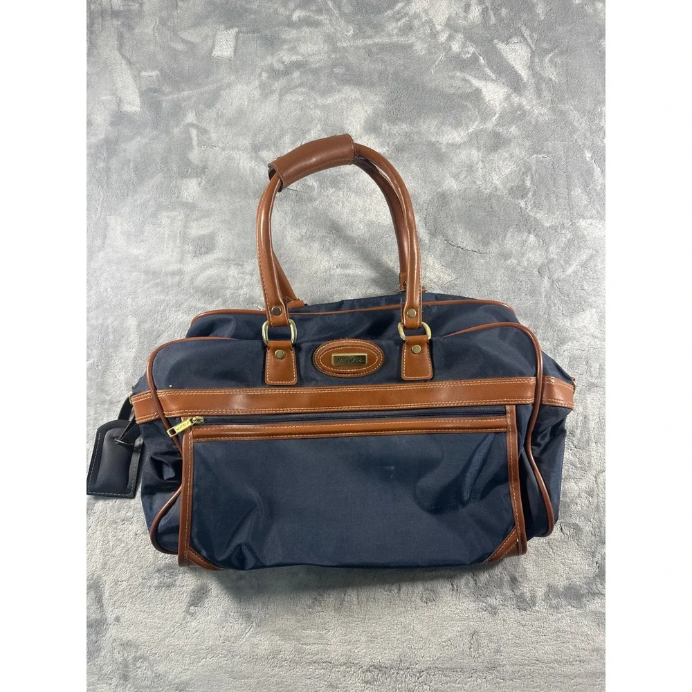 Jaguar Navy Blue Nylon Duffel Bag Brown Trim Weekender Travel Carry On Luggage